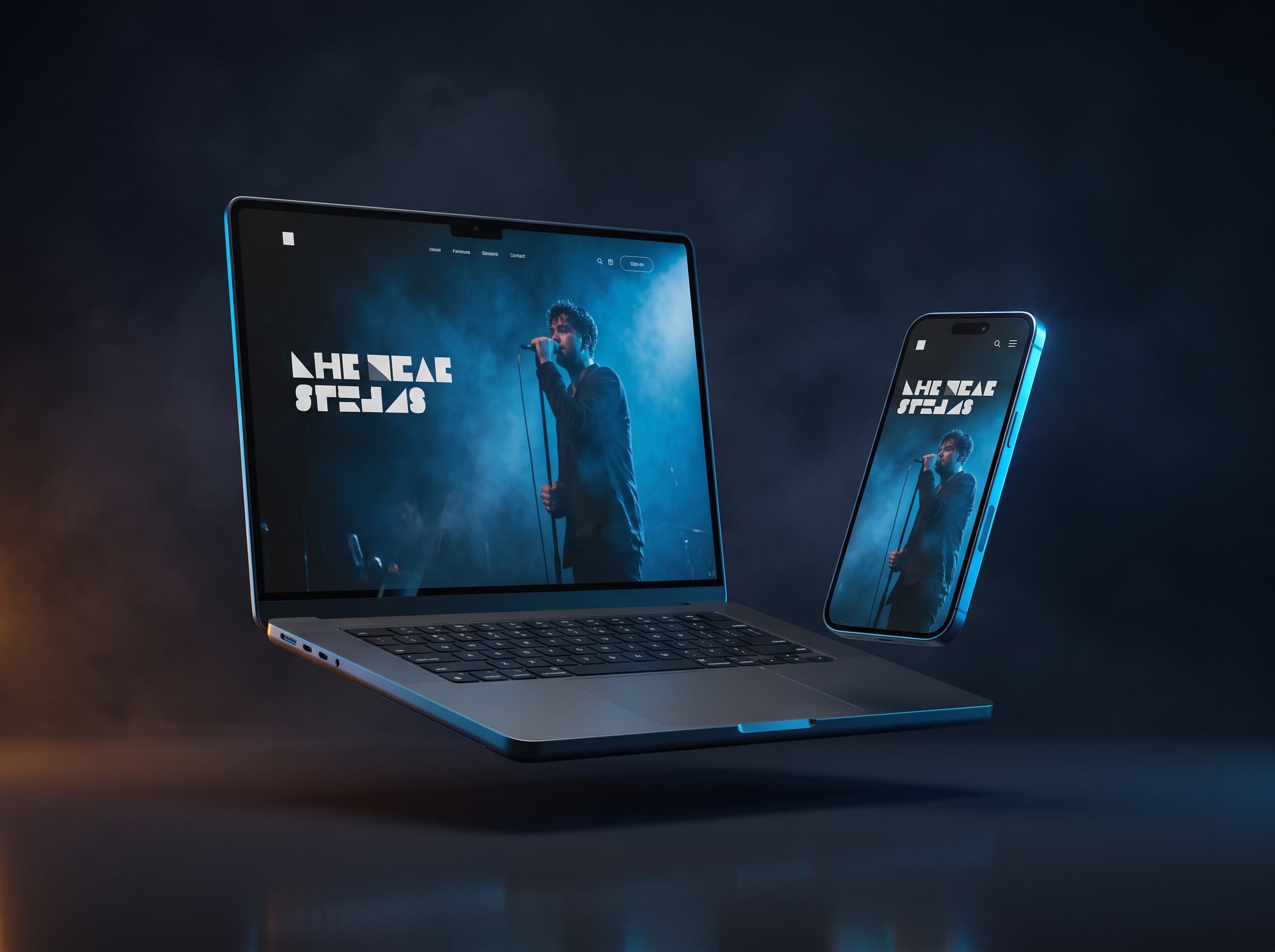 Concept artist website shown on a laptop and a phone, featuring a blue-lit concert photograph