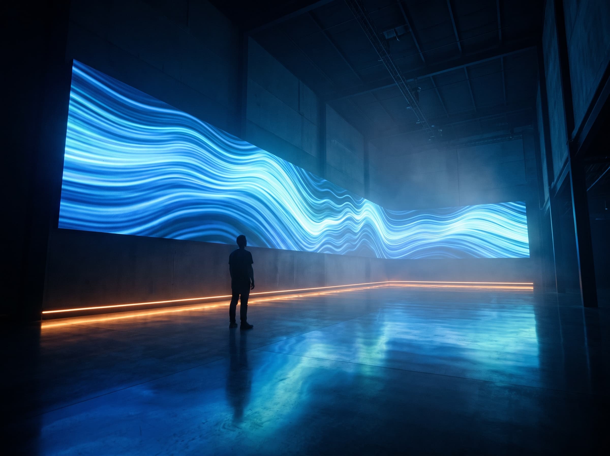 Immersive experience concept: a person watching flowing blue light waves on a large LED wall