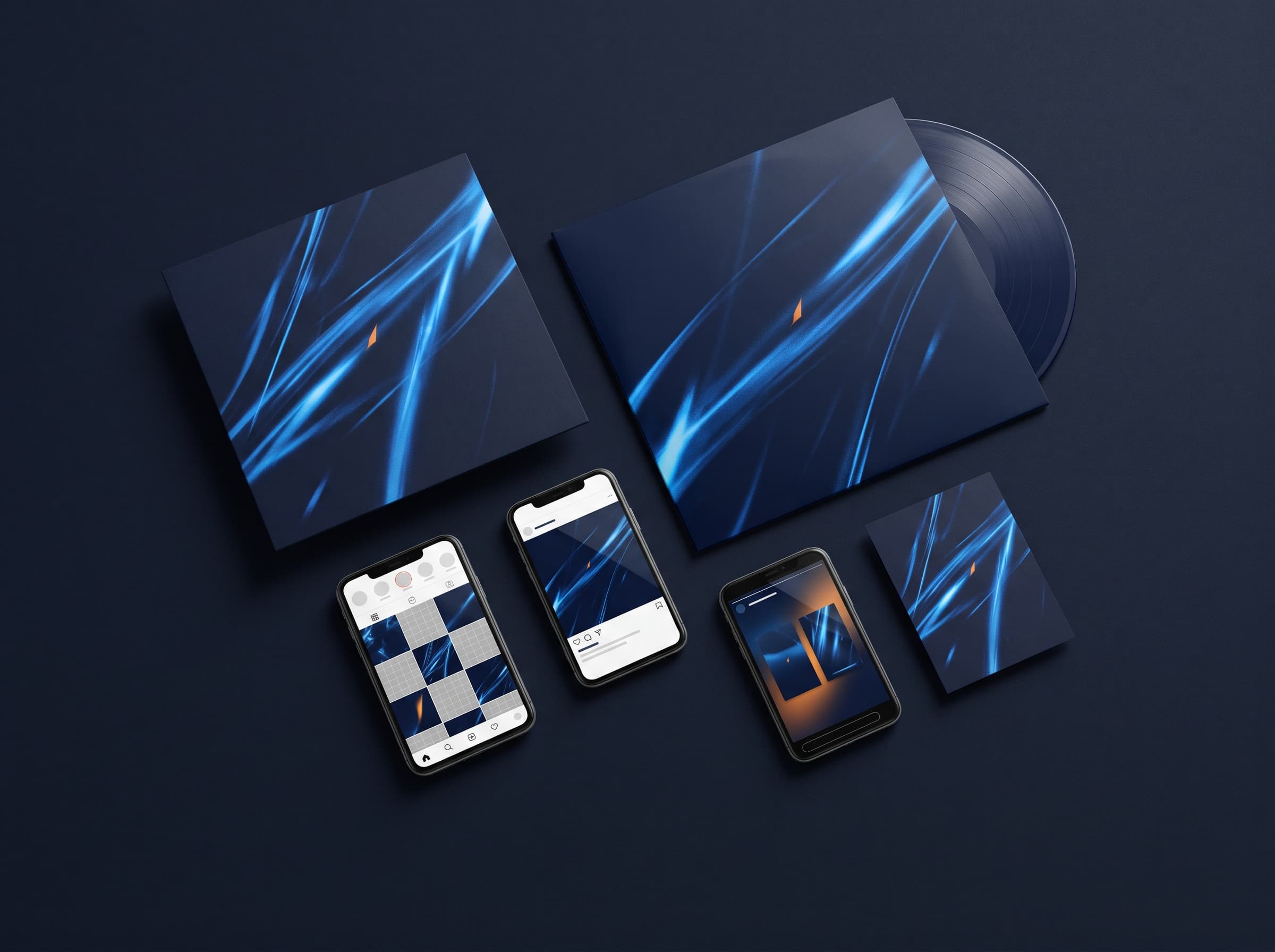 Release campaign concept with album artwork, a vinyl sleeve and coordinated social posts on three phones