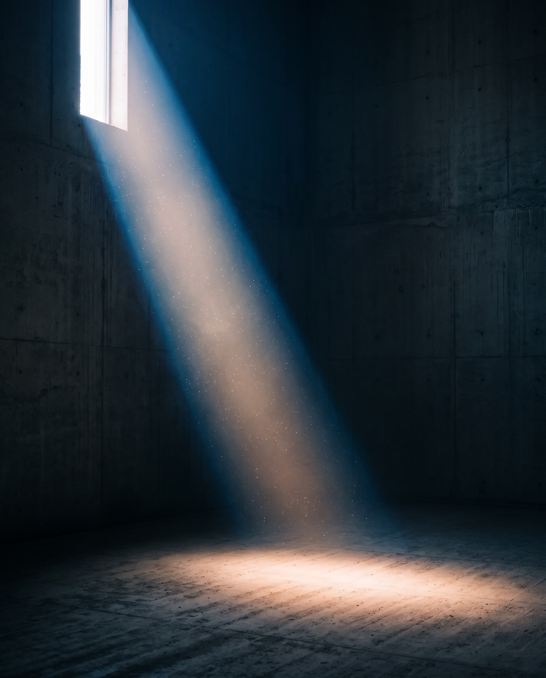 A single beam of light falling through a high window into a dark, quiet room